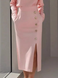 Long Sleeve Button Detail Midi Dress with Side Slit showcasing buttoned details and side slit.