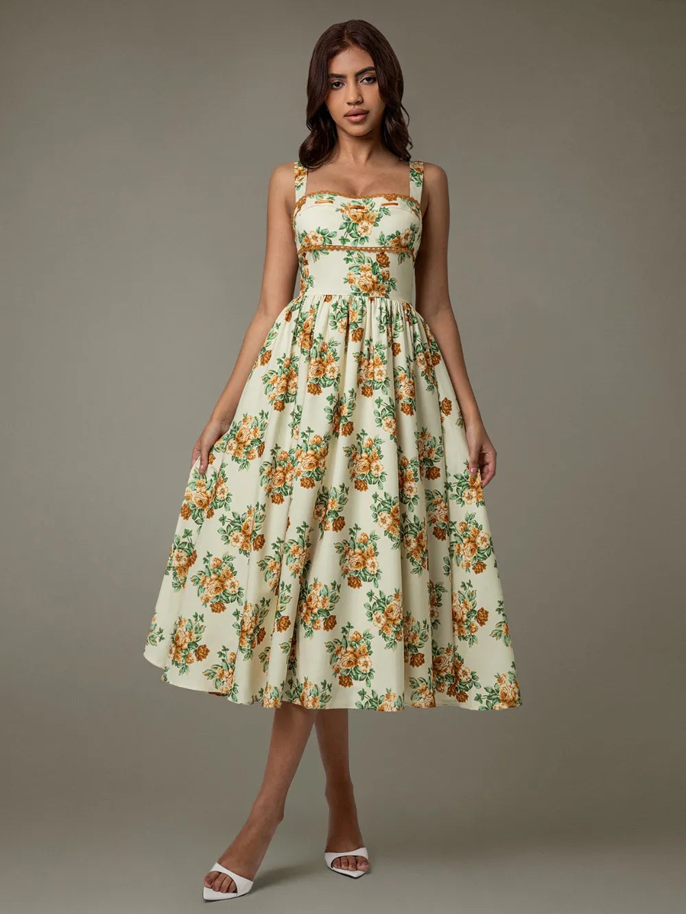 Lace Trim Floral Sleeveless Midi Dress Summer Dress Luxurious Weddings