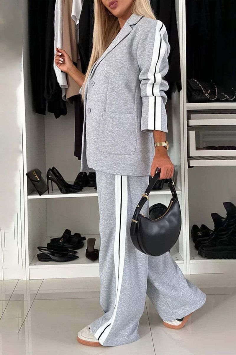 Full Size Contrast Lapel Collar Top and Pants Set Matching Sets Luxurious Weddings