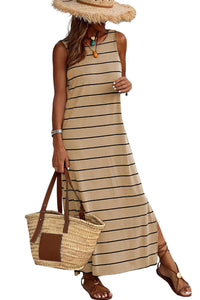 Khaki Stripe Print Open Back Sleeveless Maxi Dress with Slits Dresses/Maxi Dresses Luxurious Weddings