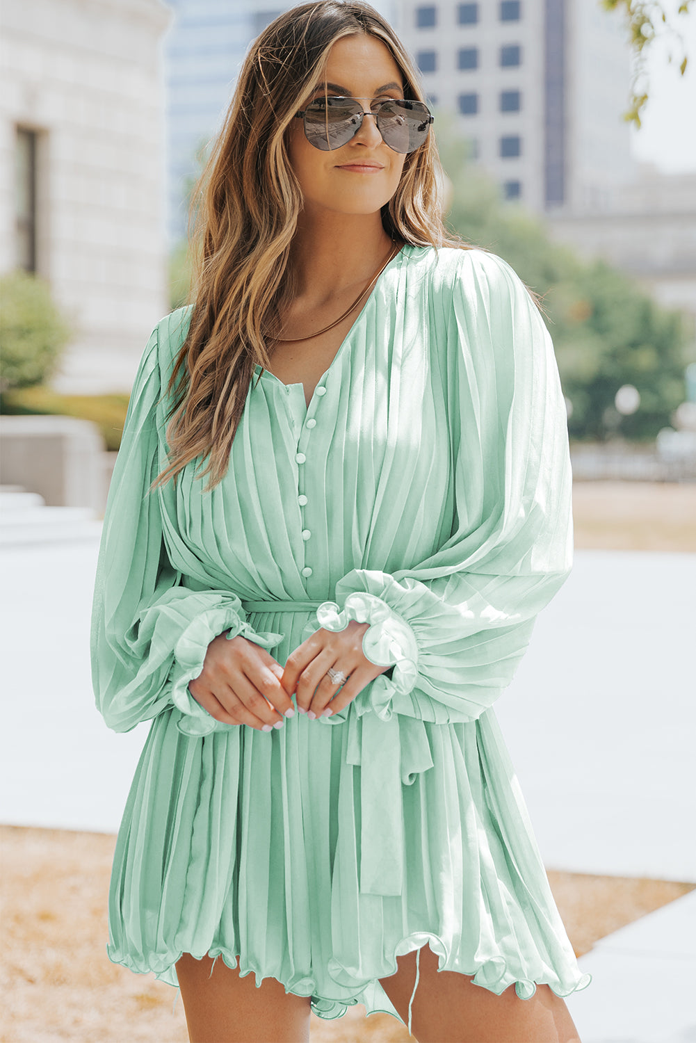 Green Pleated Ruffled Tie Waist Buttons V Neck Romper Bottoms/Jumpsuits & Rompers Luxurious Weddings