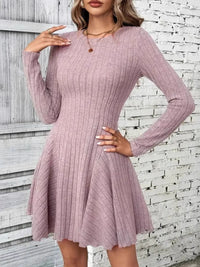 Ribbed Round Neck Long Sleeve Mini Dress Mini Dress Luxurious Weddings