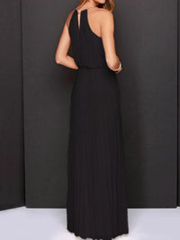 Back view of a pleated sleeveless maxi tank dress in black, showcasing elegant style for affordable formal wear in NZ.