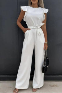 Elegant white round neck cap sleeve jumpsuit with a tied waist and wide legs, perfect for stylish summer outings.