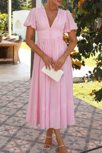 V-Neck Puff Short Sleeve Midi Dress Summer dress Luxurious Weddings