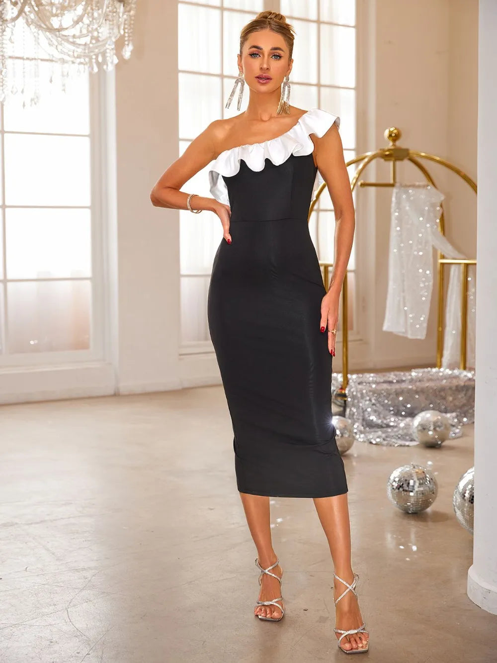 Slit Contrast Single Shoulder Midi Dress Midi Dress Luxurious Weddings