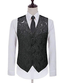 Men's plus size black v-neck button-up vest with intricate design, paired with a white shirt and tie.