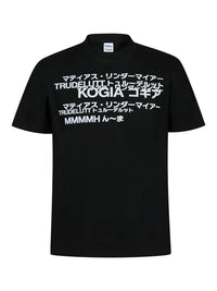 Men's black round neck t-shirt featuring bold graphic text design, perfect for casual wear.