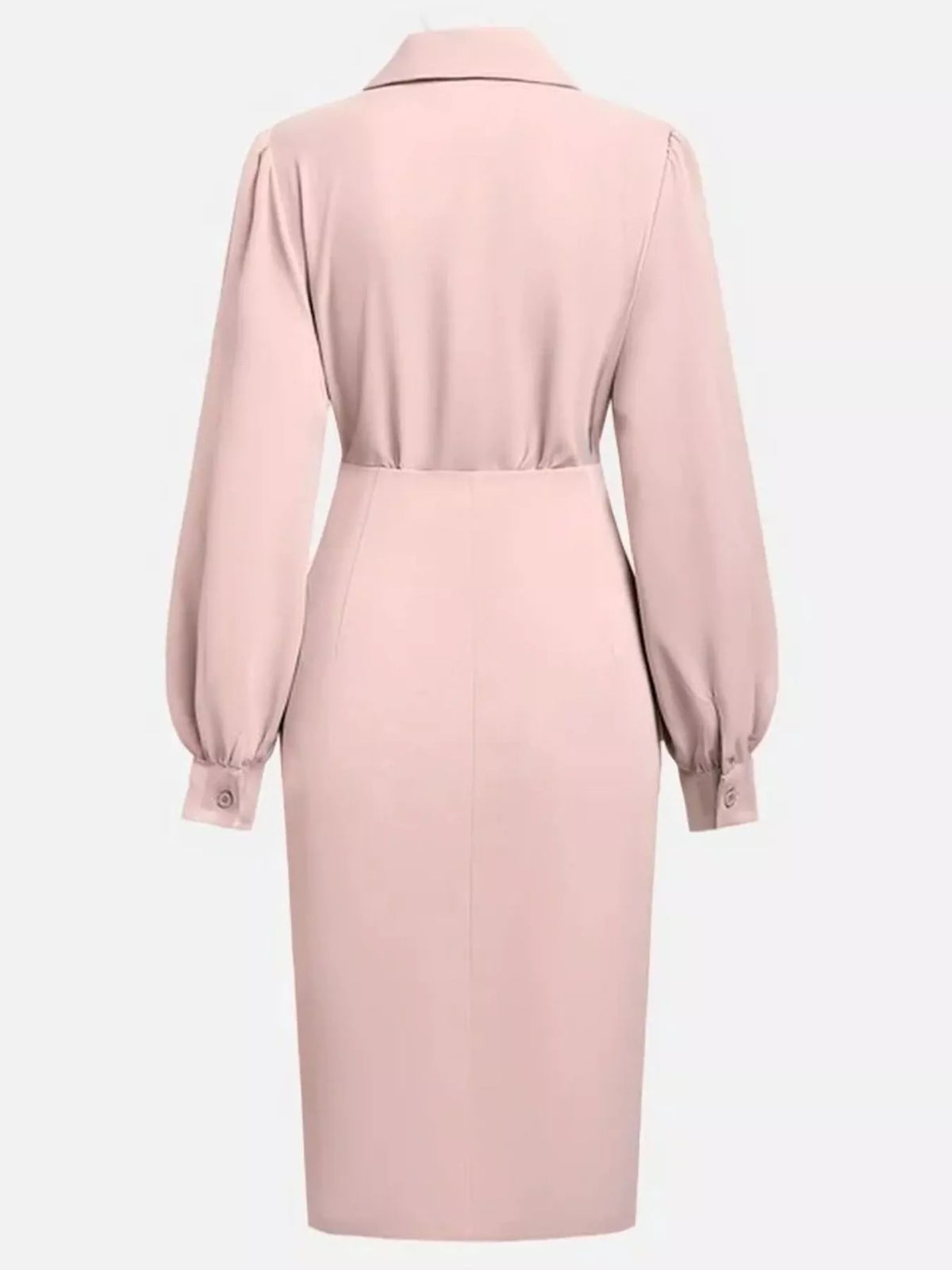 Back view of Ruched Midi Shirt Dress with Side Slit, showcasing its elegant design and tailored fit.