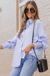 Sky Blue Smocked Cuffed Striped Boyfriend Shirt with Pocket Tops/Blouses & Shirts Luxurious Weddings