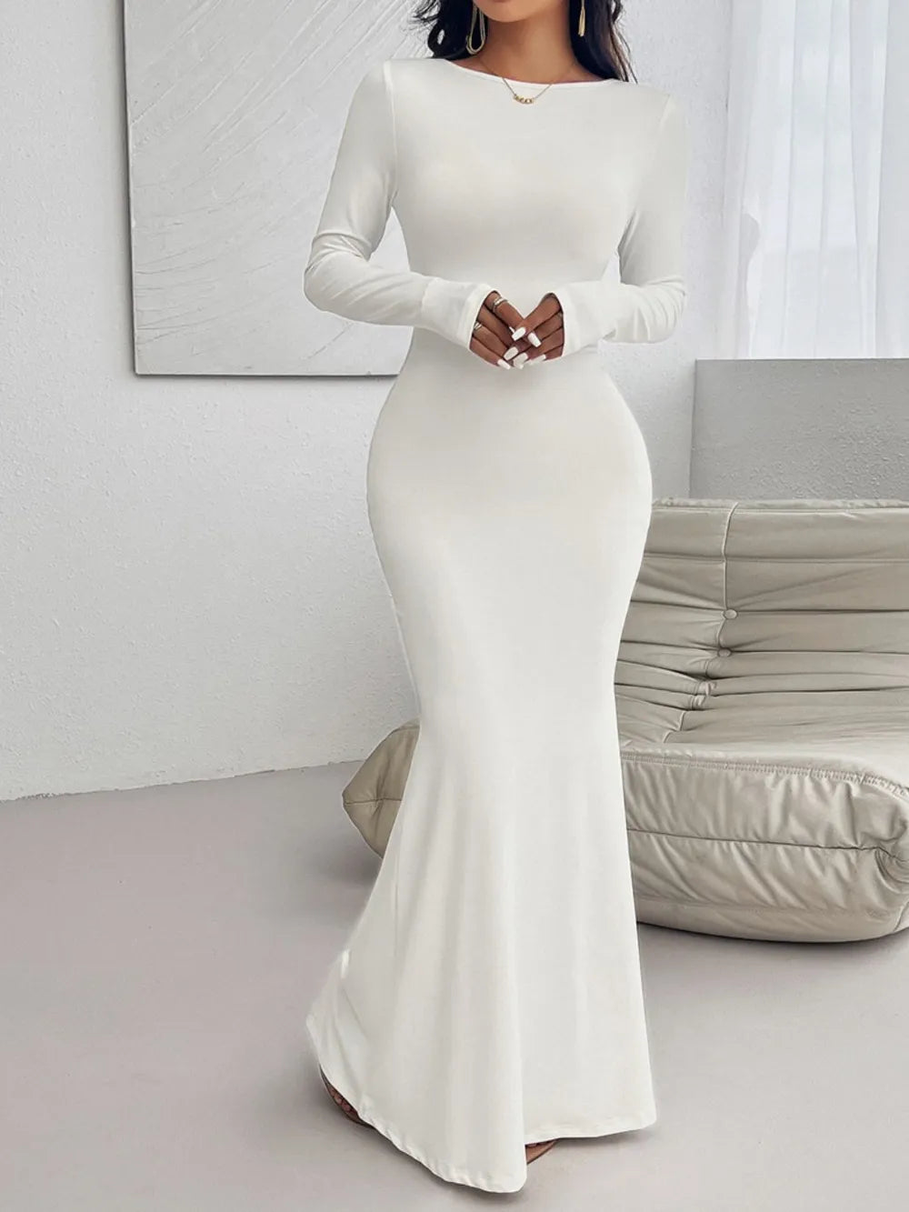 Devine Backless Round Neck Long Sleeve Maxi Dress wedding dress Luxurious Weddings