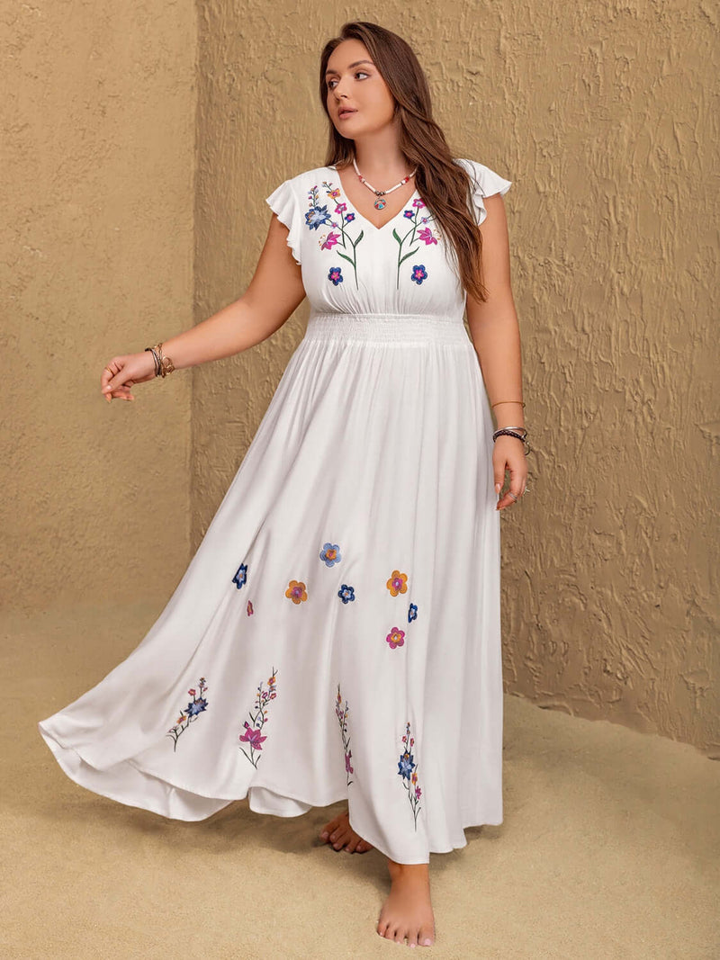 Plus Size Embroidered Floral V-Neck Cap Sleeve Maxi Dress Dresses Luxurious Weddings