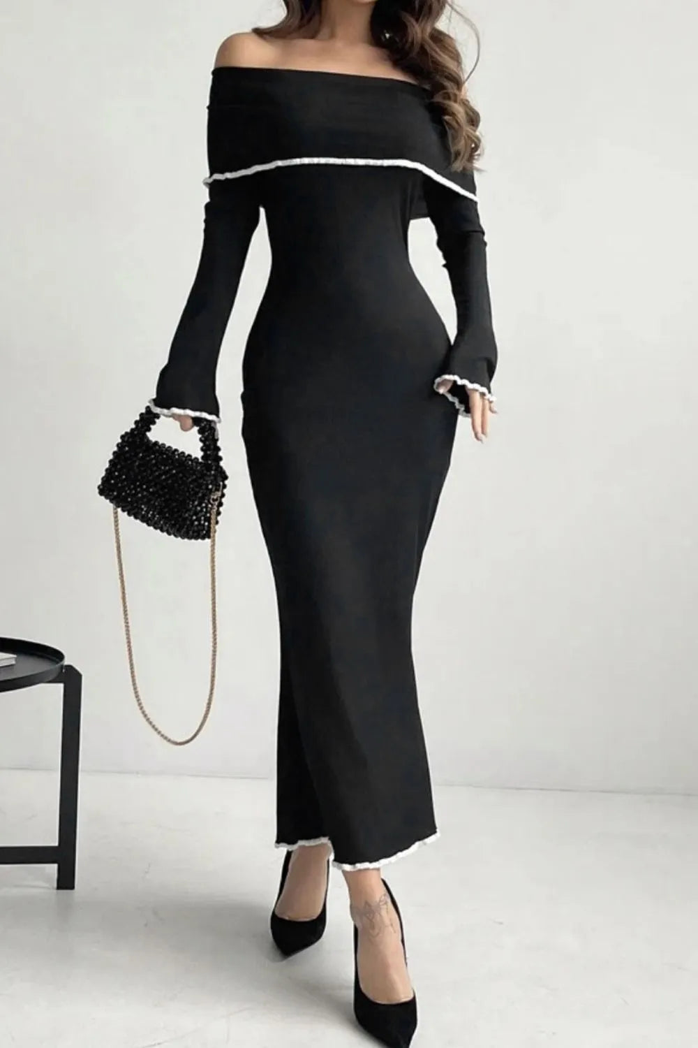 Contrast Trim Off-Shoulder Long Sleeve Maxi Sweater Dress Sweater Dress Luxurious Weddings