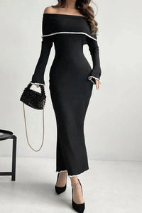 Contrast Trim Off-Shoulder Long Sleeve Maxi Sweater Dress Sweater Dress Luxurious Weddings