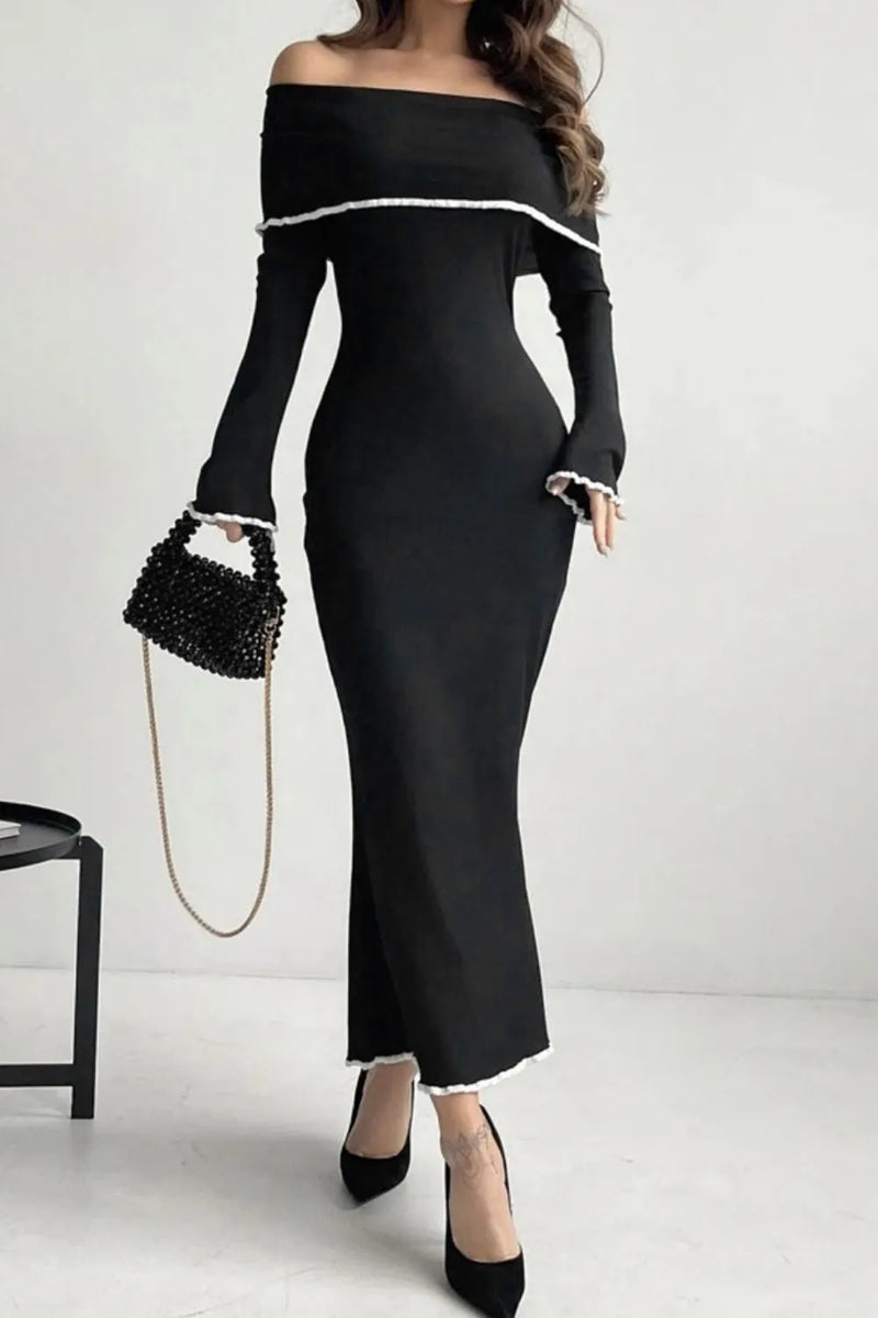 Contrast Trim Off-Shoulder Long Sleeve Maxi Sweater Dress Sweater Dress Luxurious Weddings