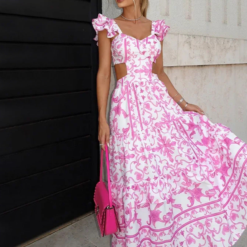 Summer Padded Shoulder Women's Printed Wear Hollow Length Dress Summer Dress Luxurious Weddings