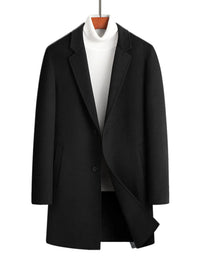 Men's plus size black long sleeve button-up coat over a white turtleneck, stylish and warm.