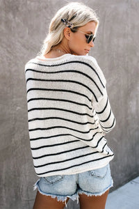 Striped Round Neck Drop Shoulder Sweater Sweater Luxurious Weddings