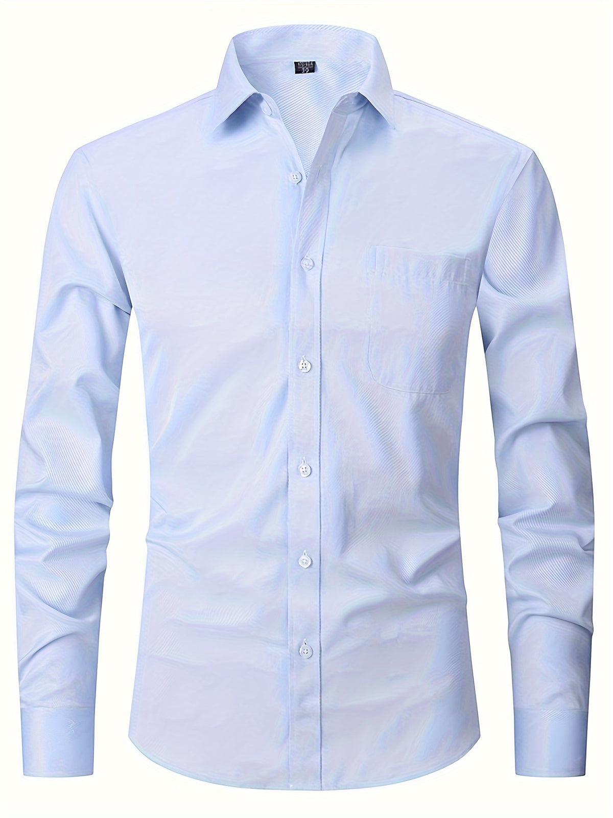 a white shirt with a blue collar and long sleeves