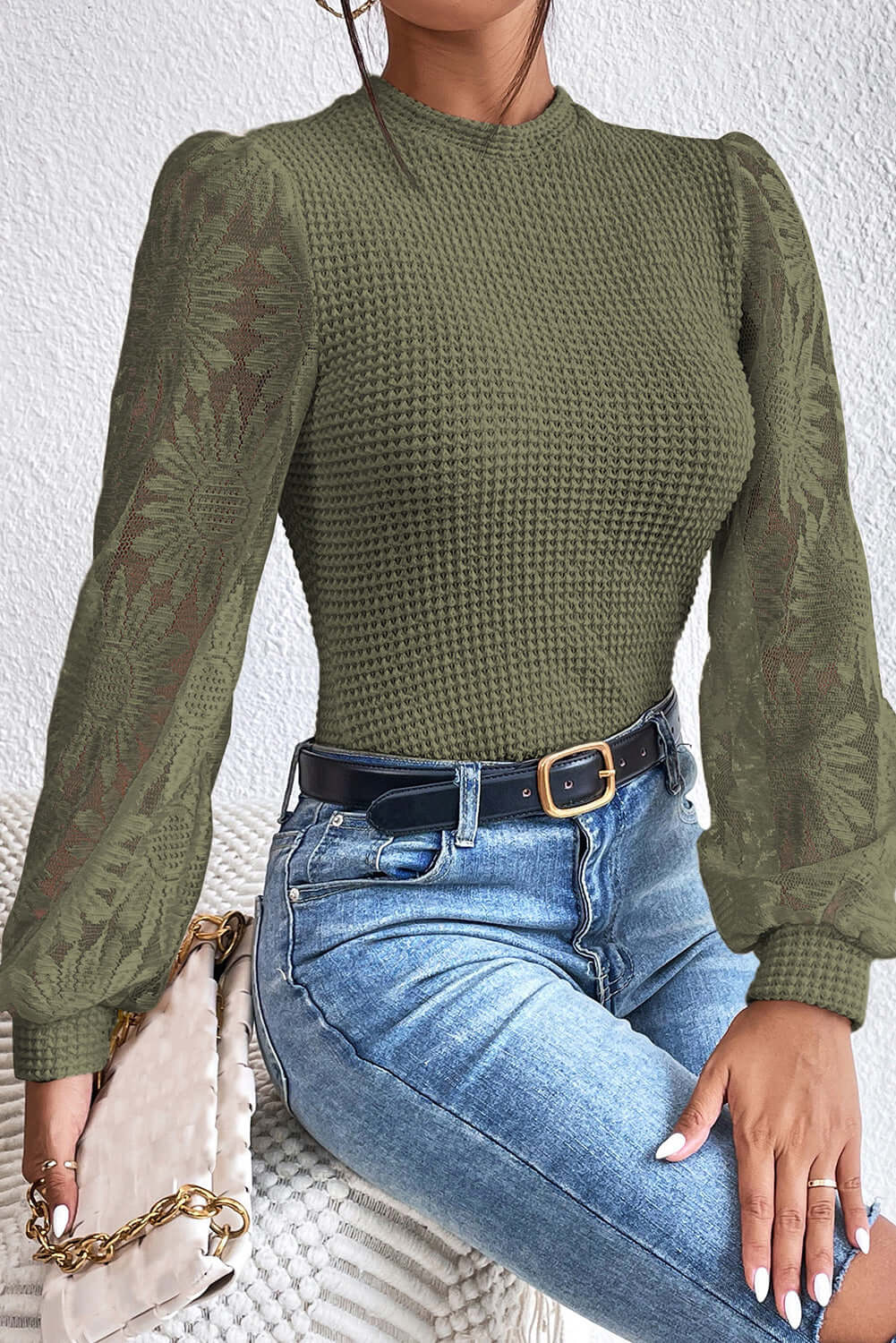 Jungle Green Sunflower Mesh Bubble Sleeve Waffle Knit Top Tops/Long Sleeve Tops Luxurious Weddings