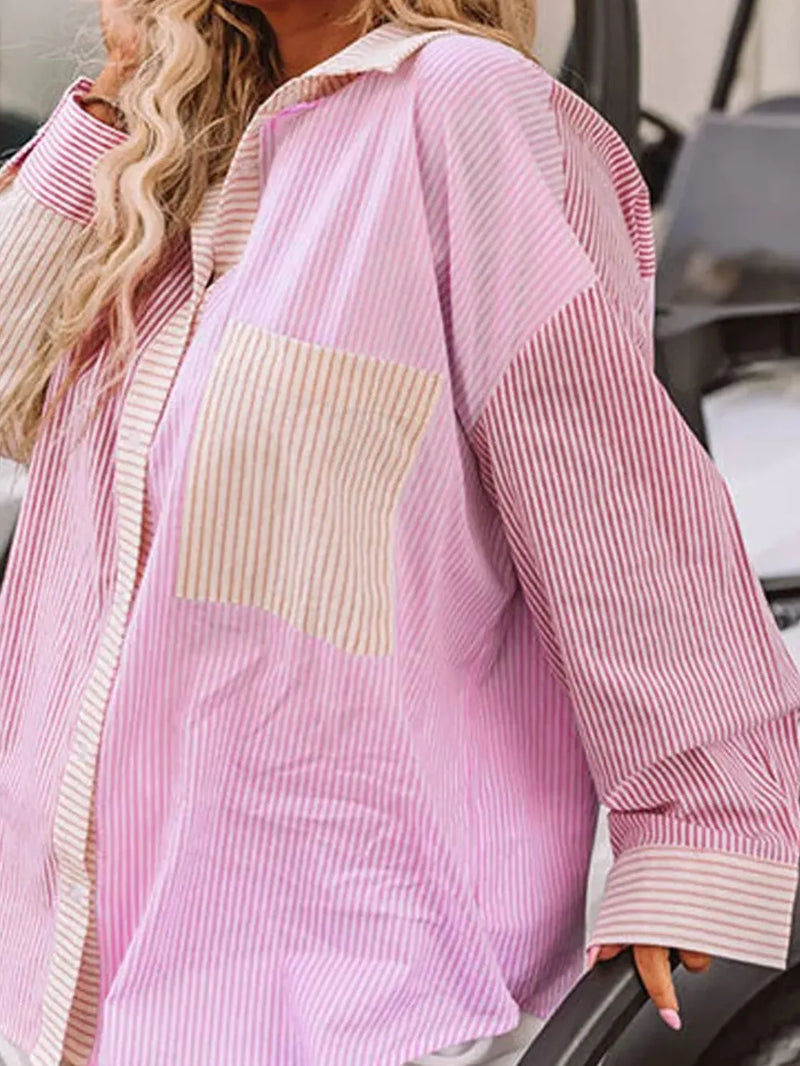 Plus Size Striped Collared Neck Long Sleeve Shirt Plus size women’s shirt Luxurious Weddings