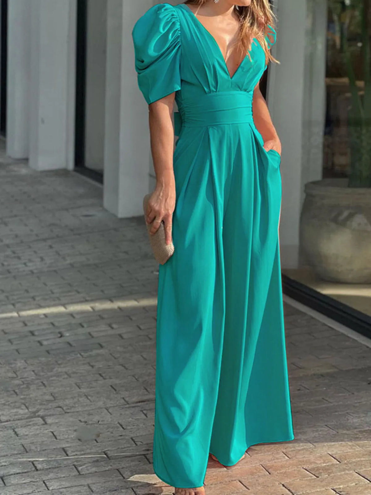 Full Size Cutout V-Neck Puff Sleeve Jumpsuit Plus Size Jumpsuits Luxurious Weddings