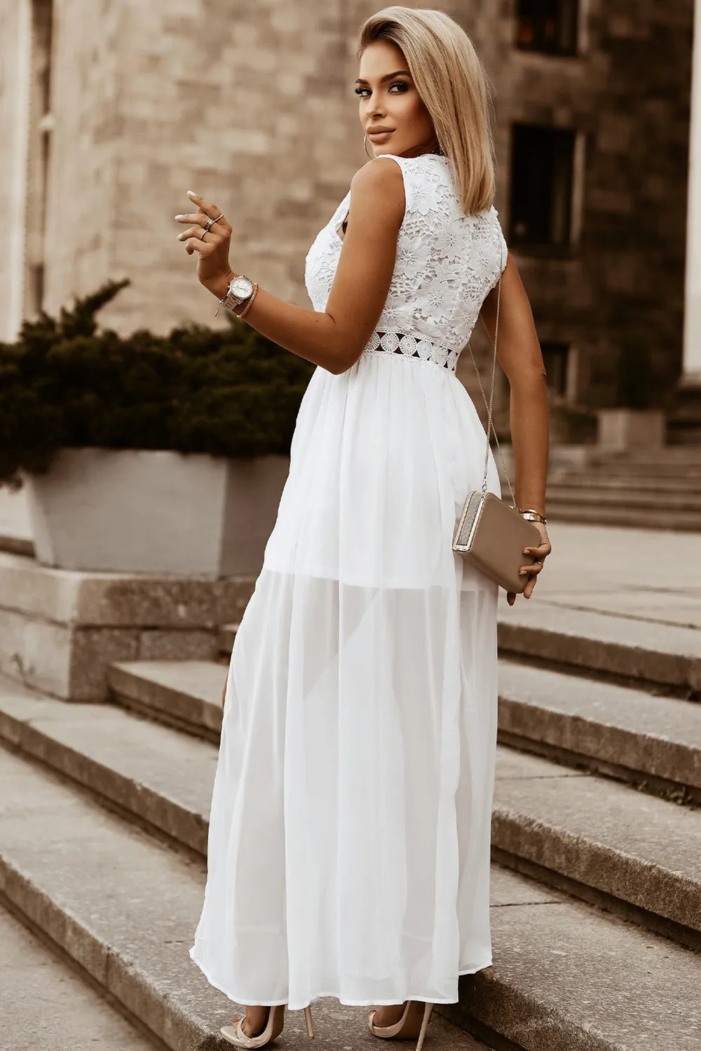 Slit Lace Detail V-Neck Dress wedding dress Luxurious Weddings