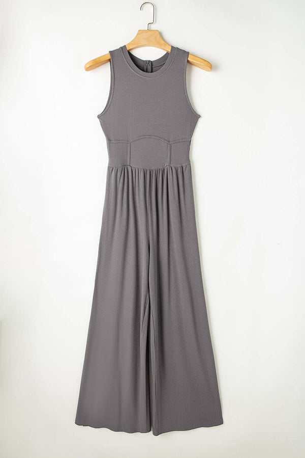 Medium Grey Cinched Waist Sleeveless Wide Leg Jumpsuit Bottoms/Jumpsuits & Rompers Luxurious Weddings