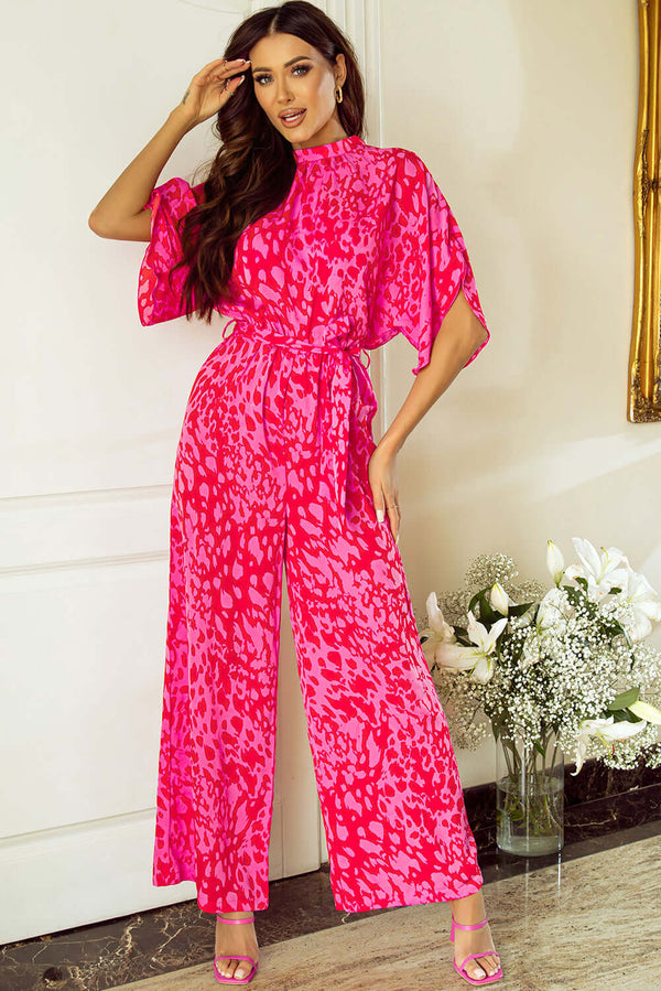 Rose Leopard Loose Sleeve Belted Wide Leg Jumpsuit Bottoms/Jumpsuits & Rompers Luxurious Weddings