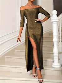 Slit Off-Shoulder Long Sleeve Midi Dress mother of the bride Luxurious Weddings