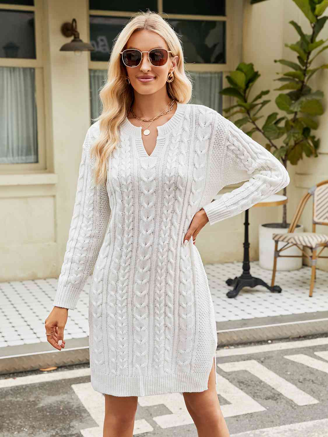 Notched Neck Cable-Knit Slit Sweater Dress sweater Luxurious Weddings