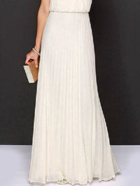 Pleated sleeveless maxi tank dress in ivory, showcasing elegant pleats and flowing fabric, perfect for formal occasions.
