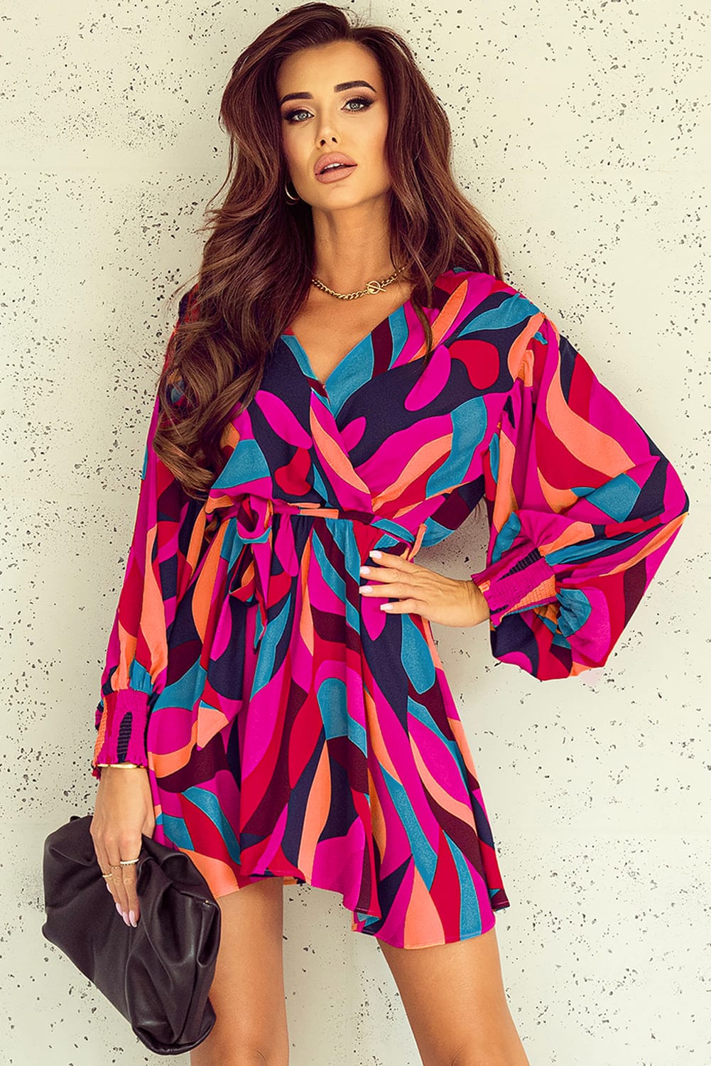 Fiery Red Abstract Printed Belted Puff Sleeve Mini Dress Dresses/Mini Dresses Luxurious Weddings