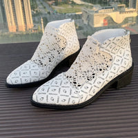 Printed point toe block heel boots with white lace design, showcasing mesh and PU leather material.