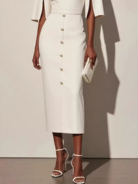 Slit Sleeve Midi Dress with Decorative Button featuring a sleek design and decorative buttons on a white dress.