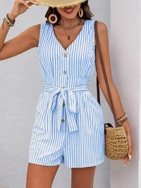 Striped V-neck button front belted romper in blue with pockets, perfect for casual summer outings.