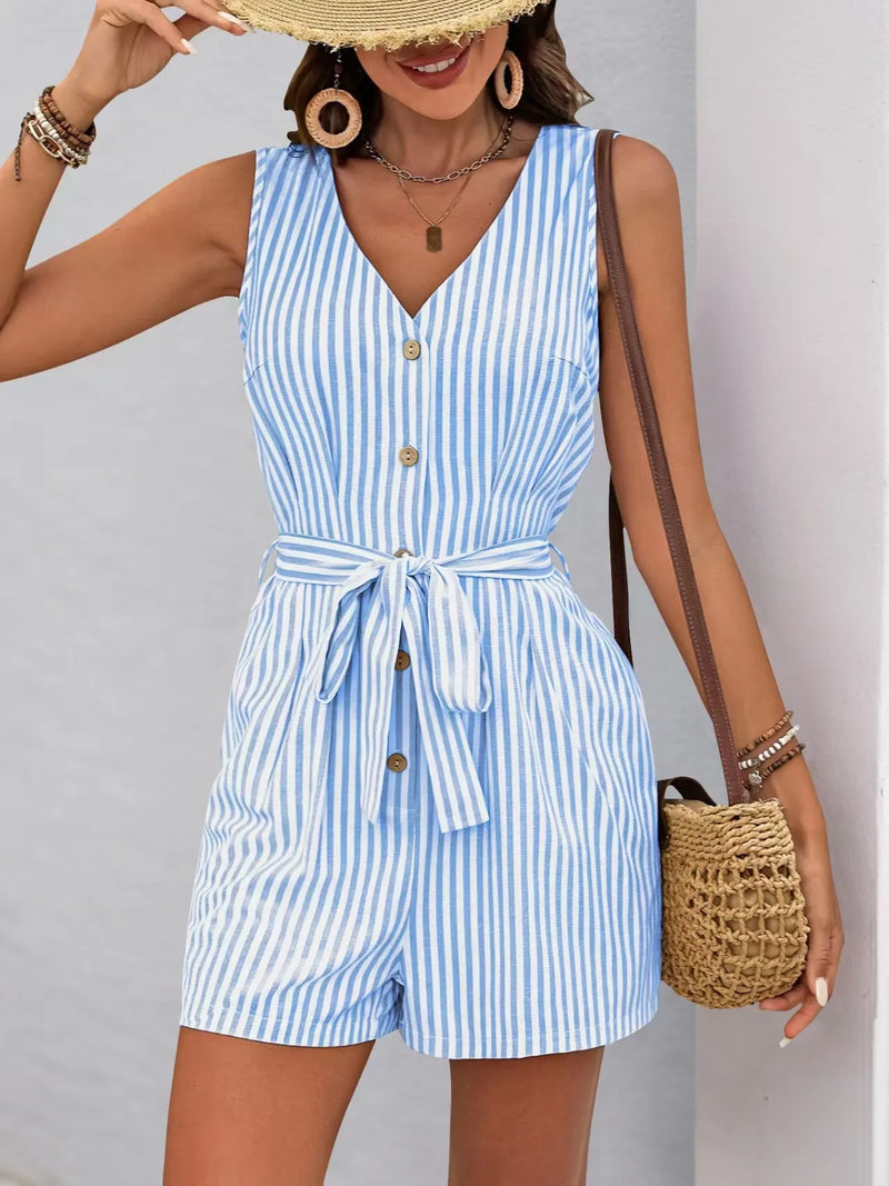 Striped V-neck button front belted romper in blue with pockets, perfect for casual summer outings.