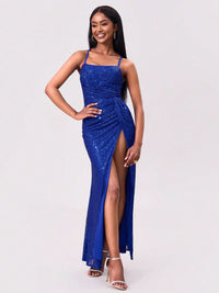 Slit Sequin Square Neck Spaghetti Strap Dress Dresses/Sequin Dresses Luxurious Weddings