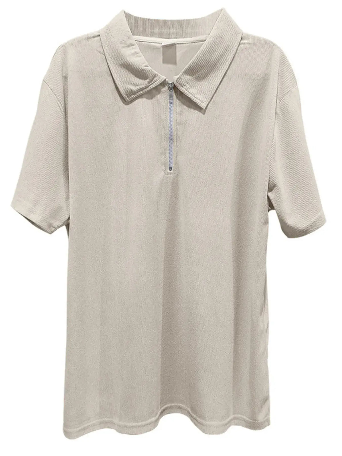 Men's quarter zip short sleeve polo in light gray, featuring a stylish collar and relaxed fit.