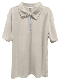 Men's quarter zip short sleeve polo in light gray, featuring a stylish collar and relaxed fit.