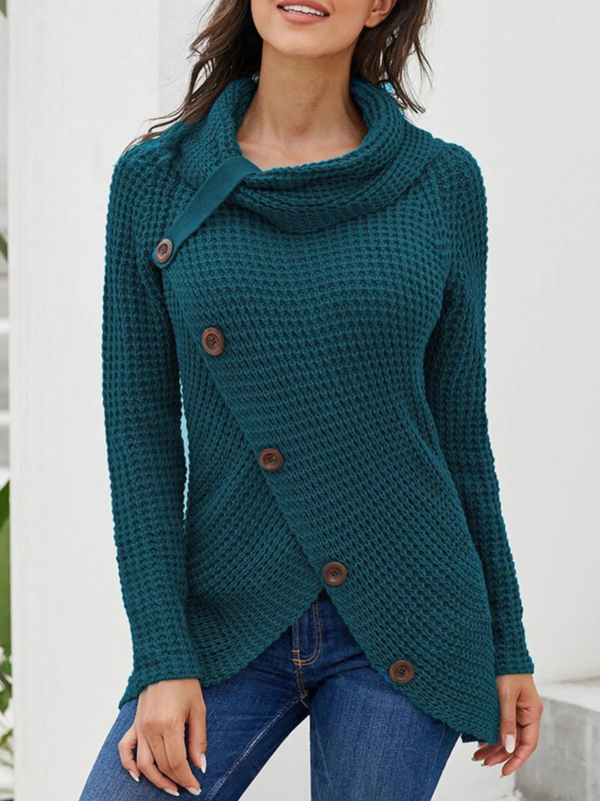 Teal full size textured turtleneck long sleeve sweater with decorative buttons, stylish and comfortable for plus sizes.
