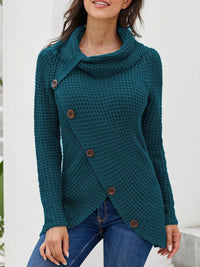 Teal full size textured turtleneck long sleeve sweater with decorative buttons, stylish and comfortable for plus sizes.