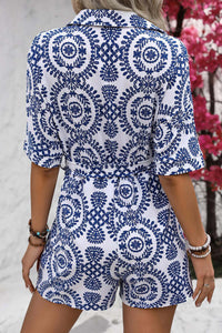 Blue Mandala Printed Short Sleeve Belted Shirt Romper Bottoms/Jumpsuits & Rompers Luxurious Weddings