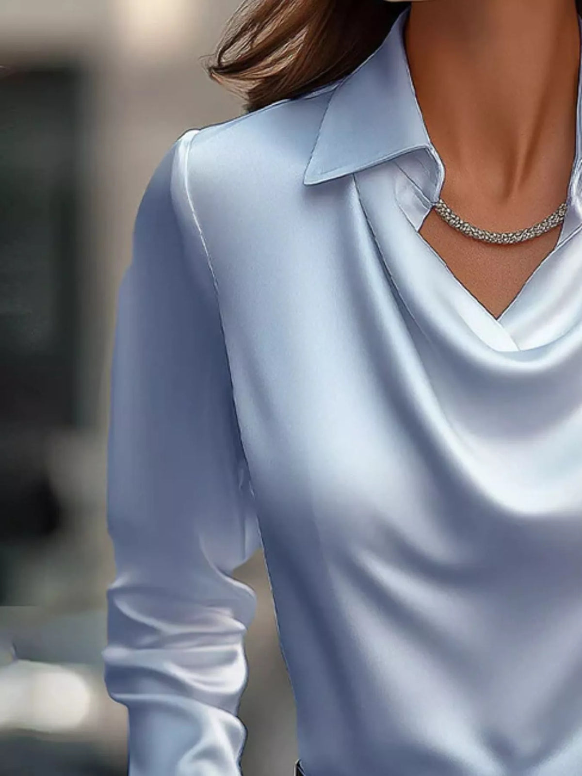 Ruched Long Sleeve Drape Collar Blouse in light blue with draped collar and stylish necklace.