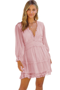 Pink Layered Ruffled Open Back Puff Sleeve Swiss Dot Mini Dress Dresses/Mini Dresses Luxurious Weddings