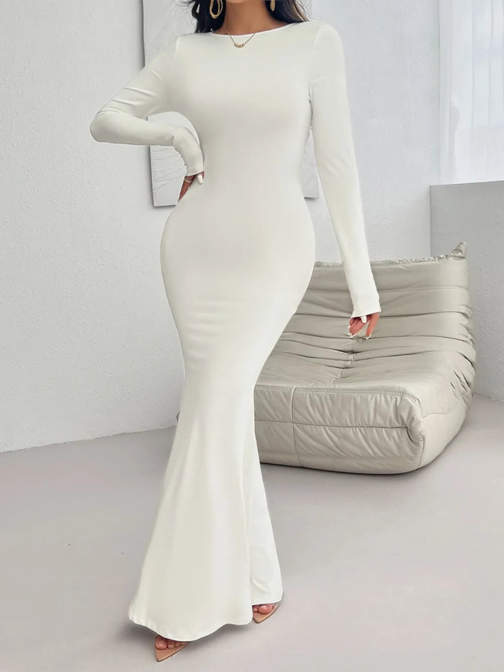 Devine Backless Round Neck Long Sleeve Maxi Dress wedding dress Luxurious Weddings