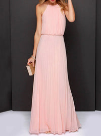 Pleated sleeveless maxi tank dress in soft pink, perfect for affordable formal wear in NZ.