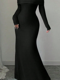Elegant back view of an off-shoulder long sleeve black bodycon maxi dress, perfect for luxurious weddings.
