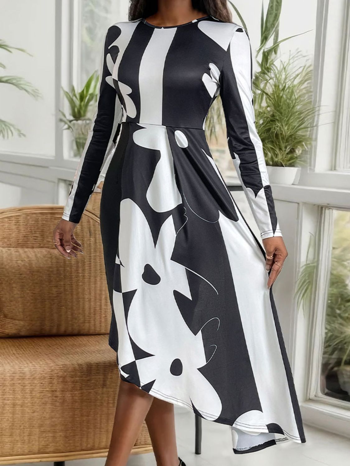 Perfee Asymmetrical Slit Round Neck Long Sleeve Midi Dress Midi Dress Luxurious Weddings