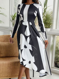 Perfee Asymmetrical Slit Round Neck Long Sleeve Midi Dress Midi Dress Luxurious Weddings